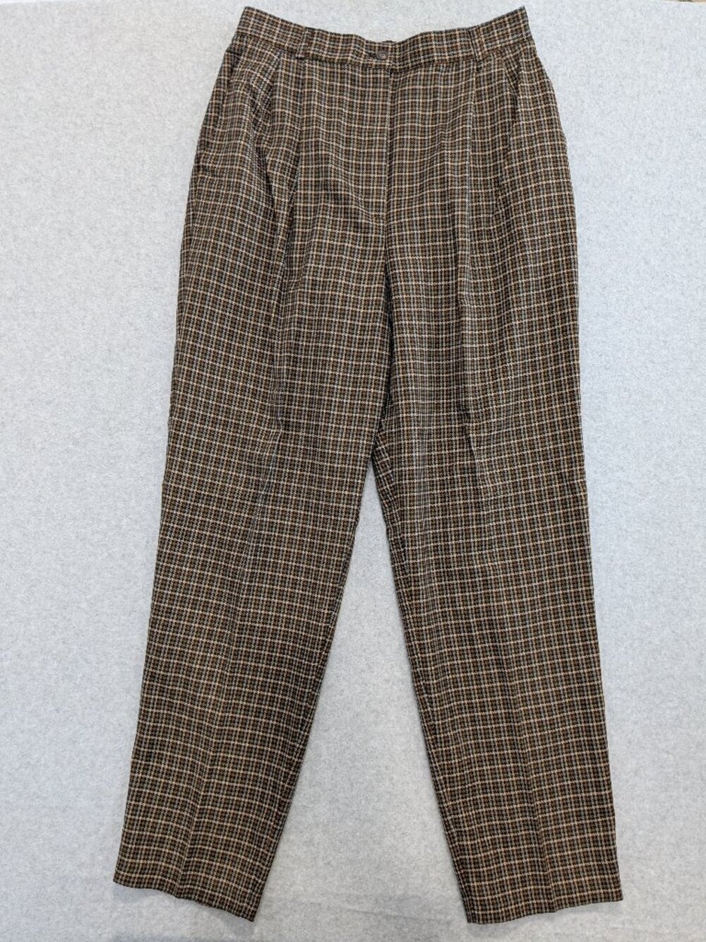 Vintage 90 Cream Brown Plaid Tartan Houndstooth 12 Pleated Pant Stretch Academia